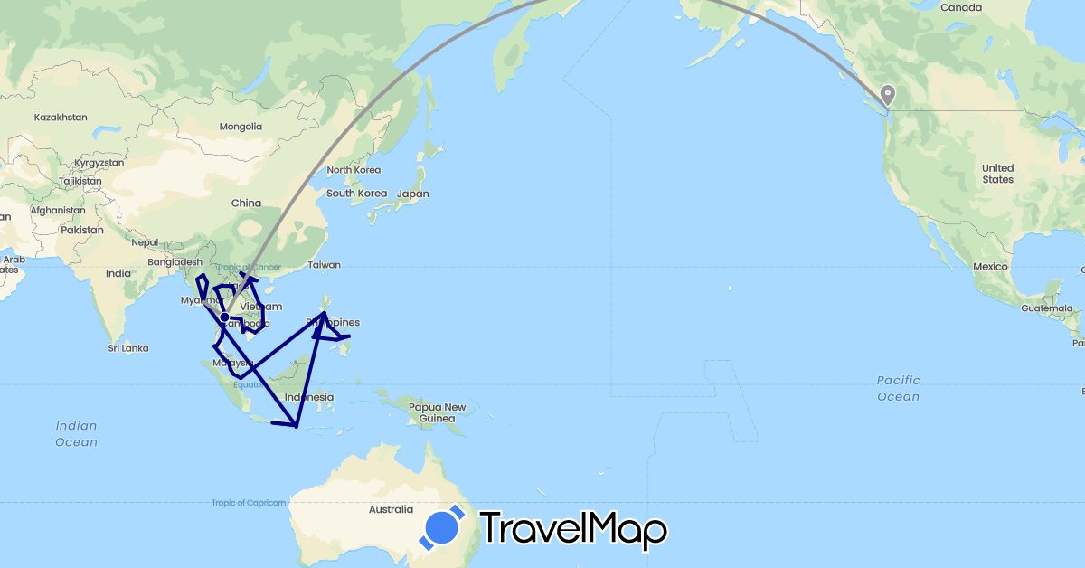 TravelMap itinerary: driving, plane in Canada, Indonesia, Cambodia, Laos, Myanmar (Burma), Malaysia, Philippines, Singapore, Thailand, Vietnam (Asia, North America)